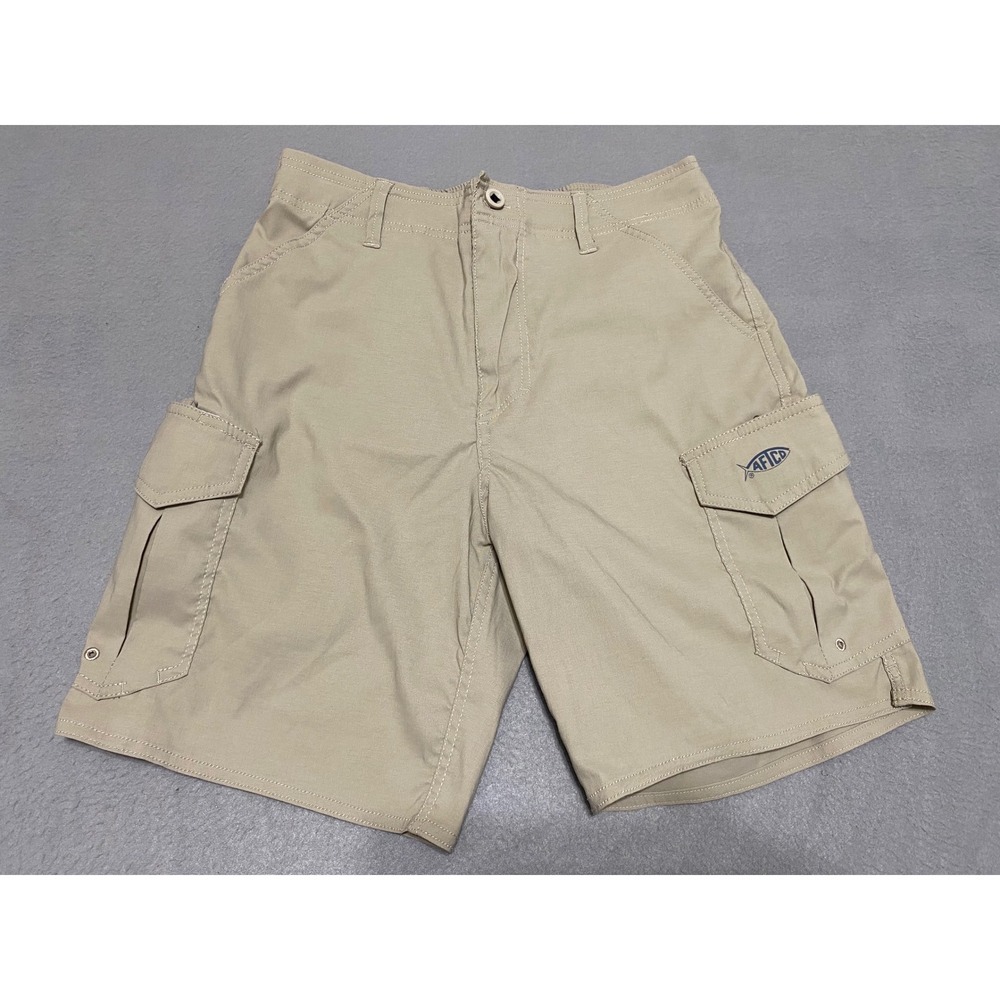 AFTCO Mens Khaki Tan Cargo Fishing Shorts Size 28 Nylon Spandex Stretch Outdoor